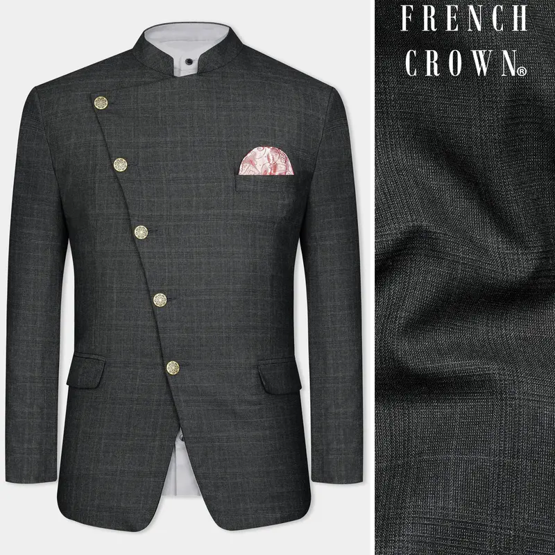 Iridium Gray Subtle Checkered Wool Rich Cross Placket Bandhgala Blazer 1