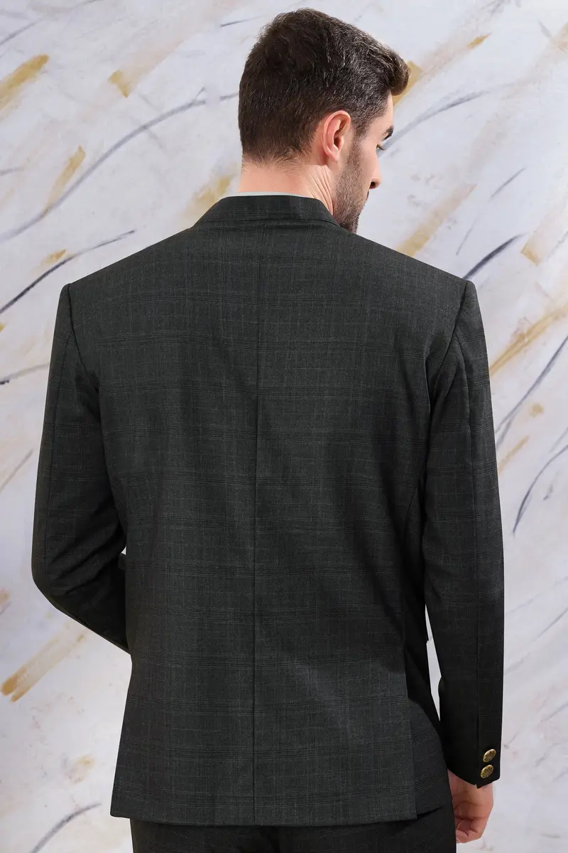 Iridium Gray Subtle Checkered Wool Rich Cross Placket Bandhgala Blazer 5