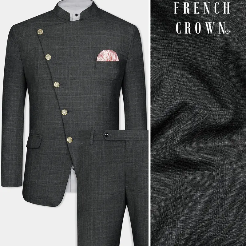 Iridium Gray Subtle Checkered Wool Rich Cross Placket Bandhgala Suit 1