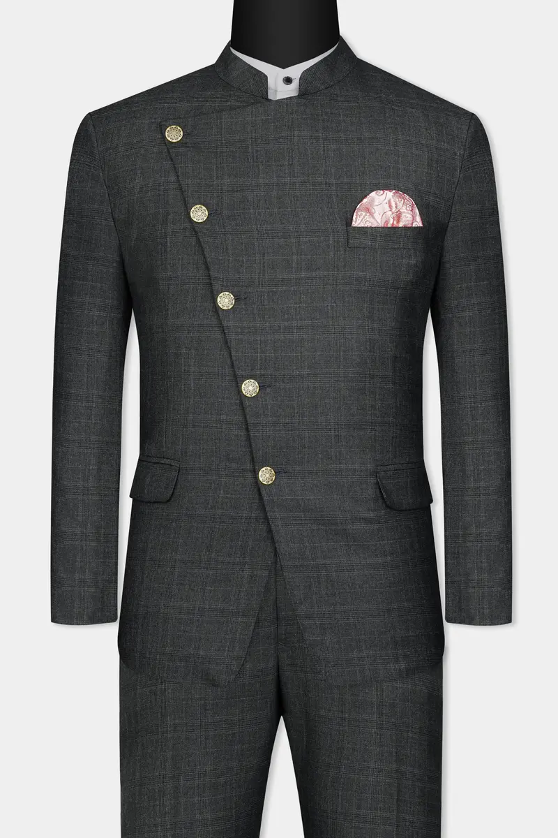 Iridium Gray Subtle Checkered Wool Rich Cross Placket Bandhgala Suit 11