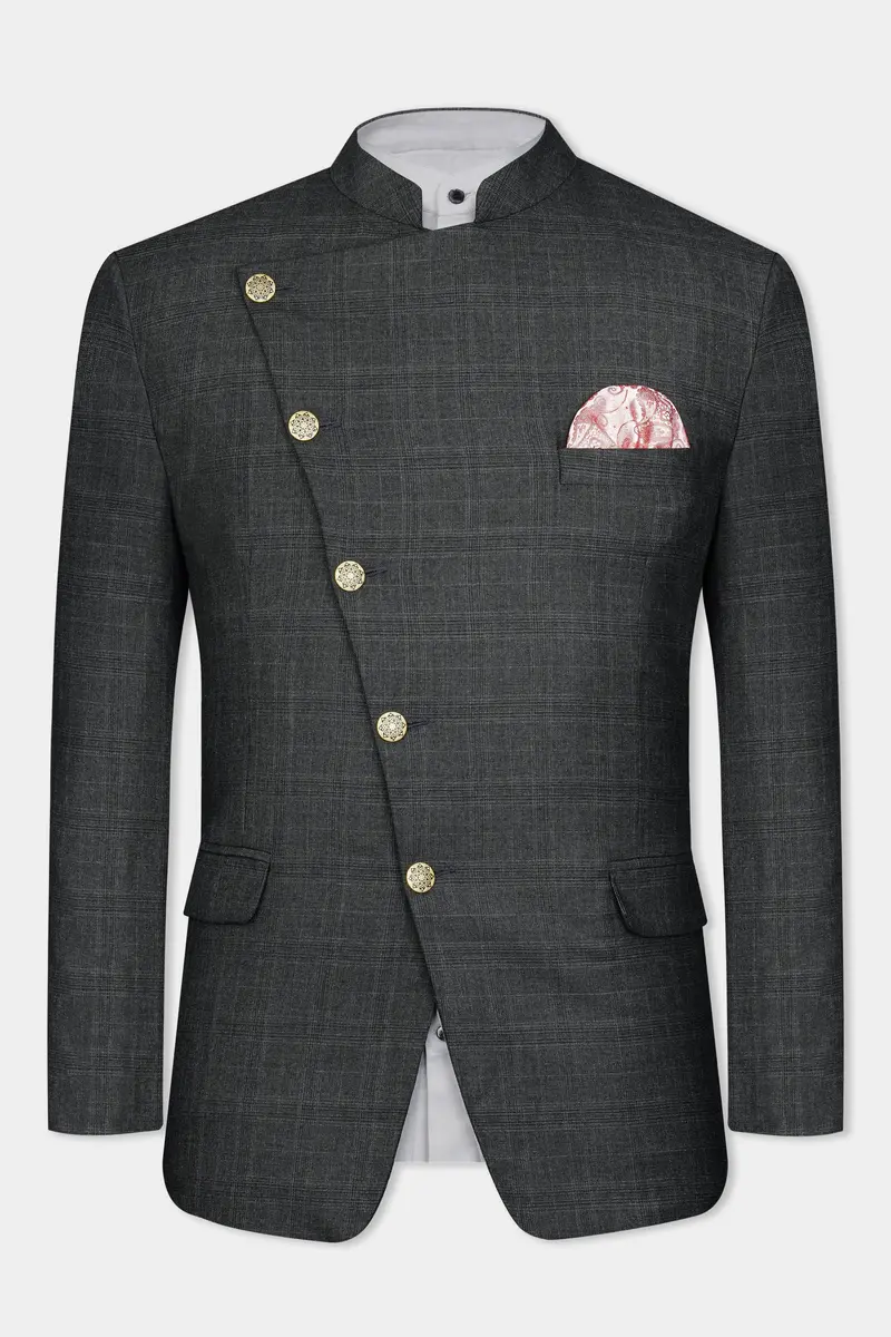 Iridium Gray Subtle Checkered Wool Rich Cross Placket Bandhgala Suit 12
