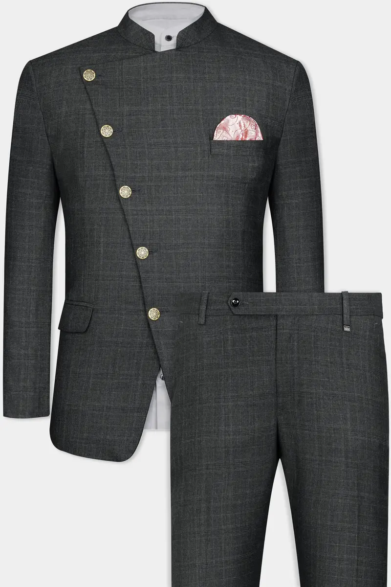 Iridium Gray Subtle Checkered Wool Rich Cross Placket Bandhgala Suit 2