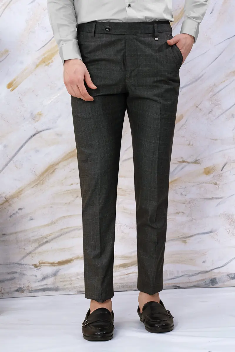 Iridium Gray Subtle Checkered Wool Rich Cross Placket Bandhgala Suit 6