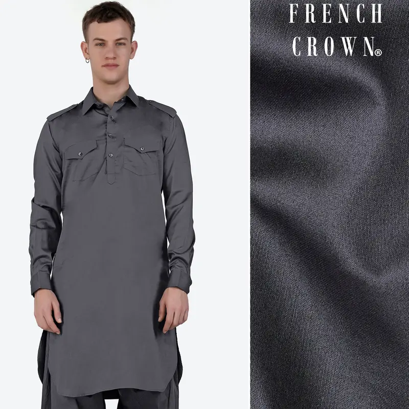 Iridium Gray Subtle Sheen Super Soft Premium Cotton Pathani Kurta 1