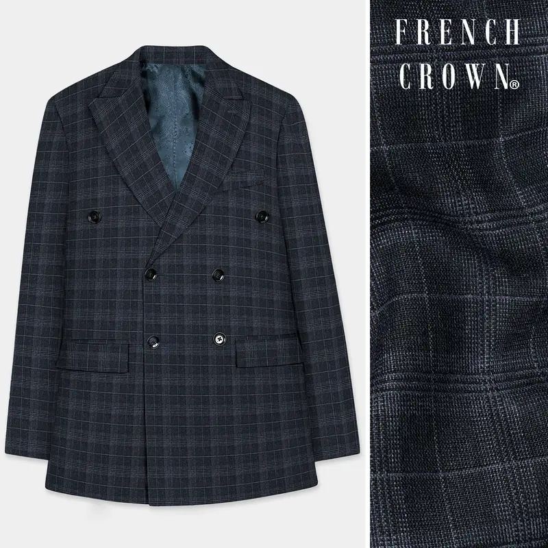Iridium Gray With Mobster Gray Plaid Wool Rich Double Breasted Blazer 1