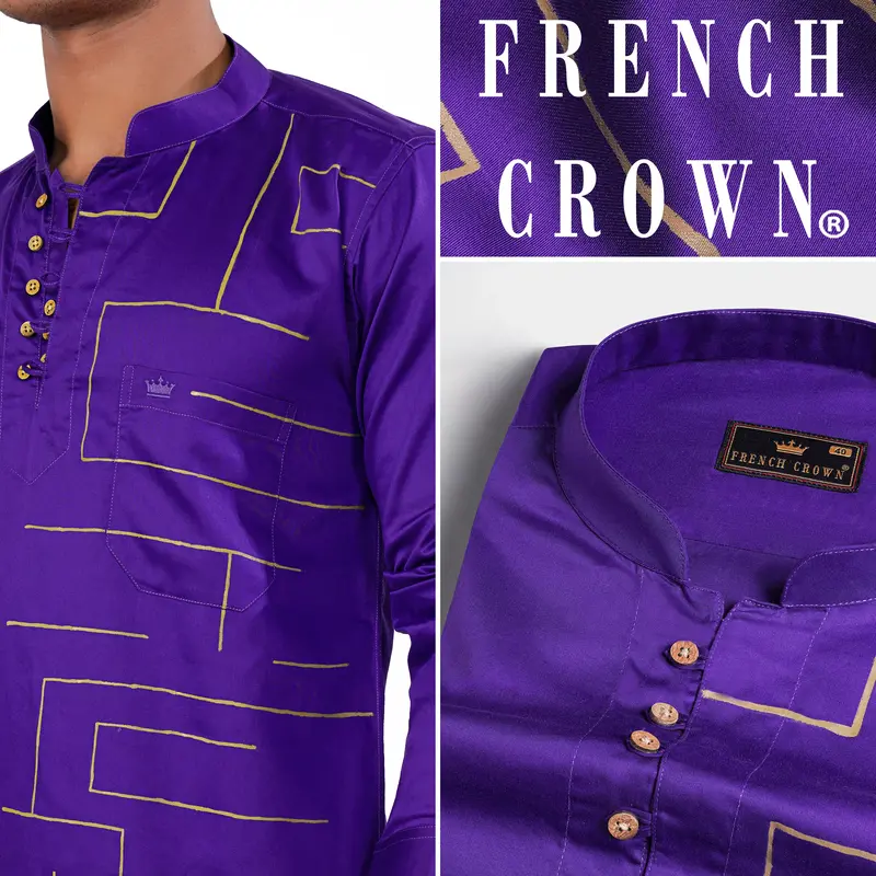 Iris Purple With Golden Hand Painted Super Soft Premium Cotton Designer Kurta Shirt 1