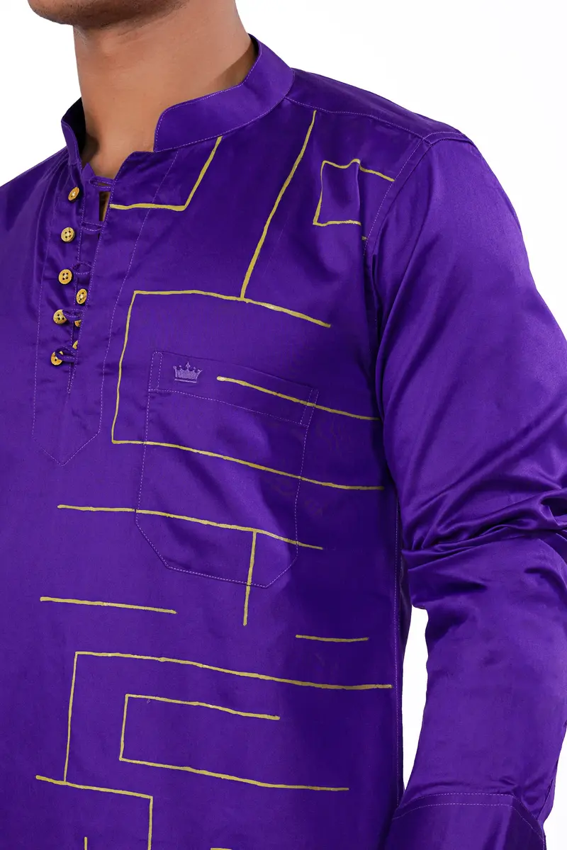Iris Purple With Golden Hand Painted Super Soft Premium Cotton Designer Kurta Shirt 2