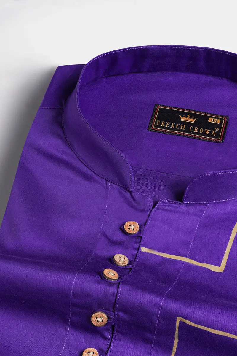 Iris Purple With Golden Hand Painted Super Soft Premium Cotton Designer Kurta Shirt 4