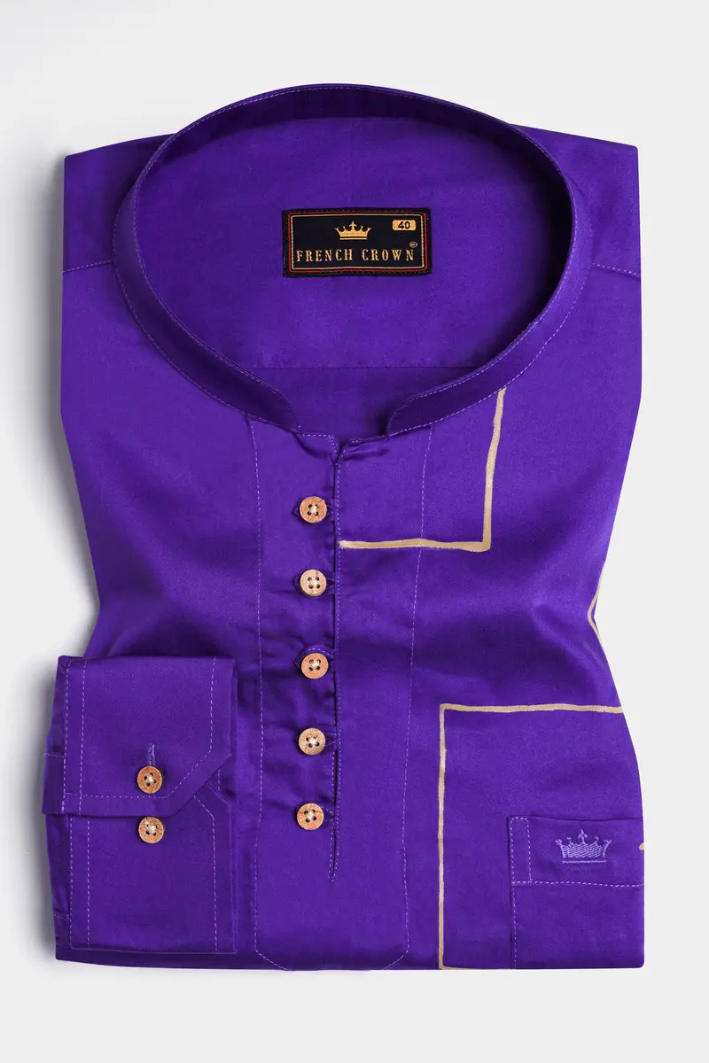 Iris Purple With Golden Hand Painted Super Soft Premium Cotton Designer Kurta Shirt 5