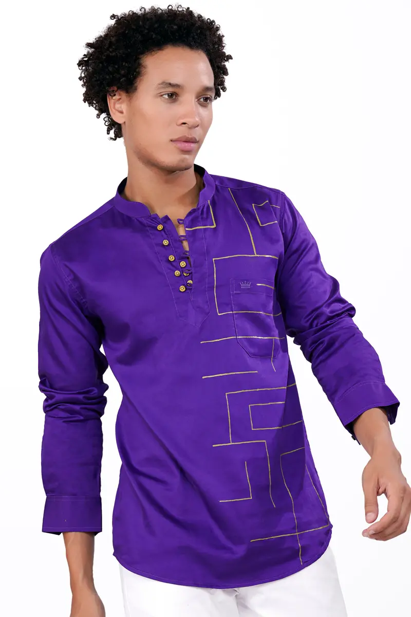 Iris Purple With Golden Hand Painted Super Soft Premium Cotton Designer Kurta Shirt 6