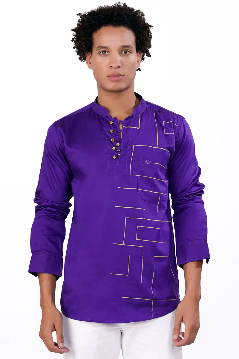 Iris Purple With Golden Hand Painted Super Soft Premium Cotton Designer Kurta Shirt 7