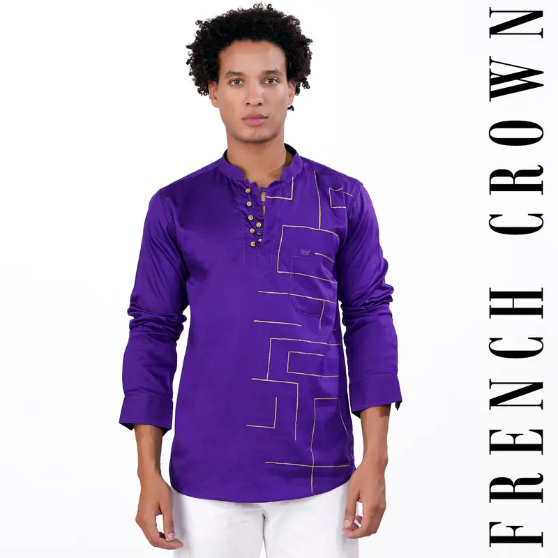 Iris Purple With Golden Hand Painted Super Soft Premium Cotton Designer Kurta Shirt 9