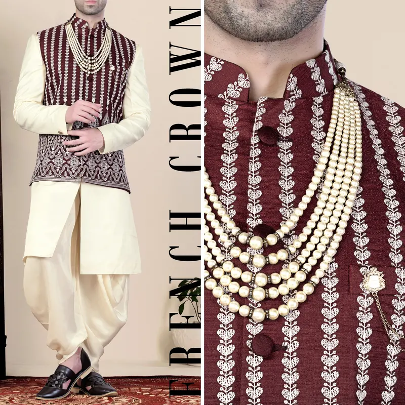 Irish Maroon And Cream Thread Embroidered Indo-Western  With Koti 1