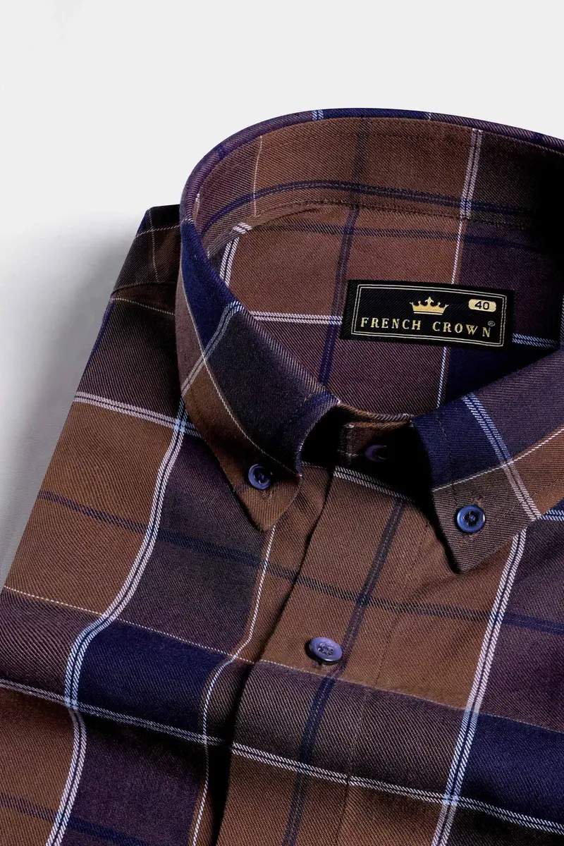 Iroko Brown And Haiti Blue Twill Plaid Premium Cotton Shirt 1