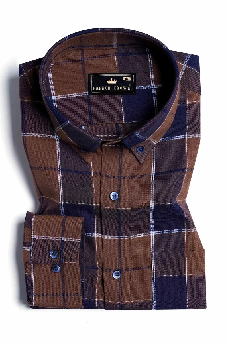 Iroko Brown And Haiti Blue Twill Plaid Premium Cotton Shirt 3