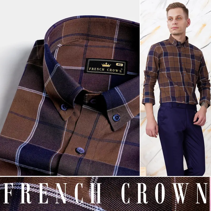 Iroko Brown And Haiti Blue Twill Plaid Premium Cotton Shirt 4