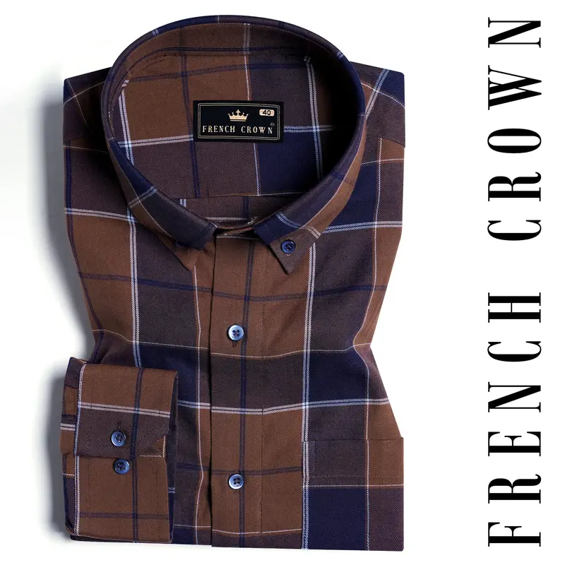 Iroko Brown And Haiti Blue Twill Plaid Premium Cotton Shirt 7