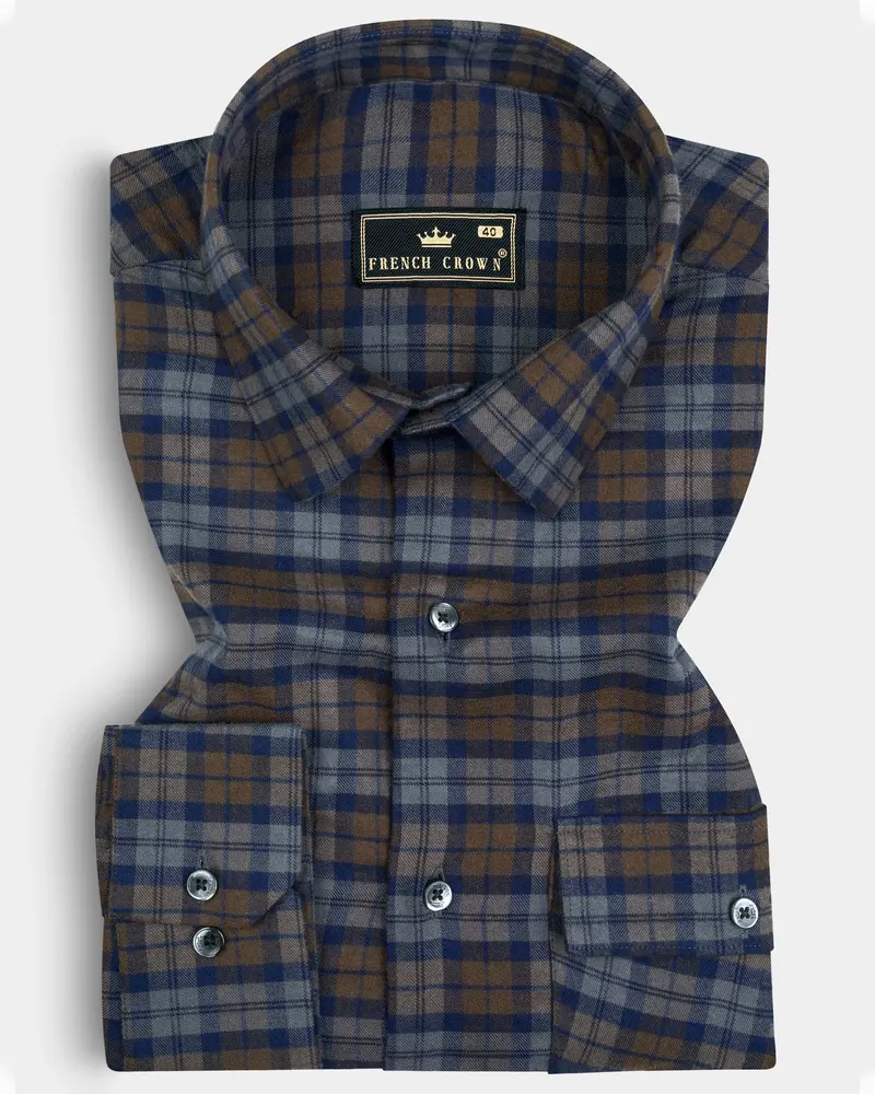 Iroko Brown With Firefly Plaid Twill Cotton Shirt 1