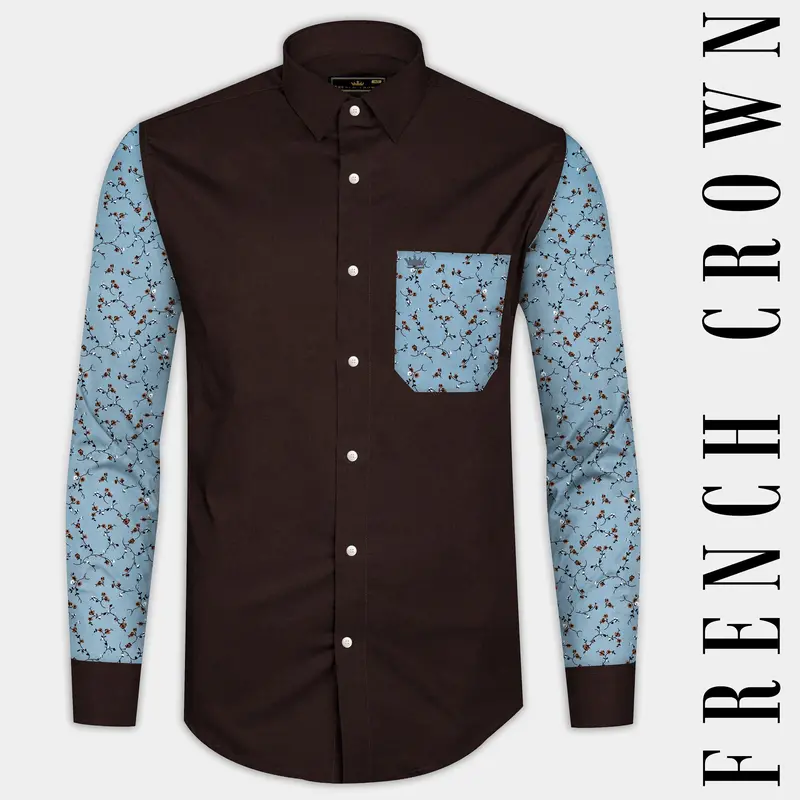 Iroko Brown With Spindle Blue Floral Printed Super Soft Premium Cotton Designer Shirt 1