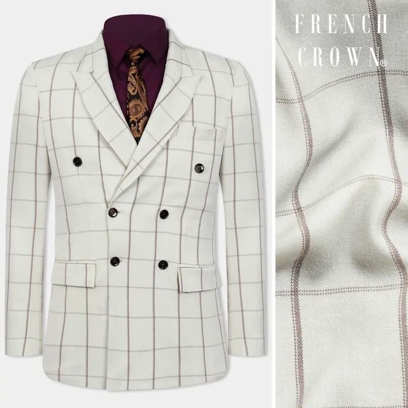 Iron Cream Windowpane Wool Rich Double Breasted Blazer 1