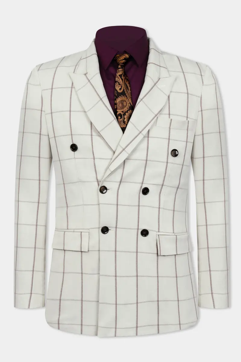Iron Cream Windowpane Wool Rich Double Breasted Blazer 2