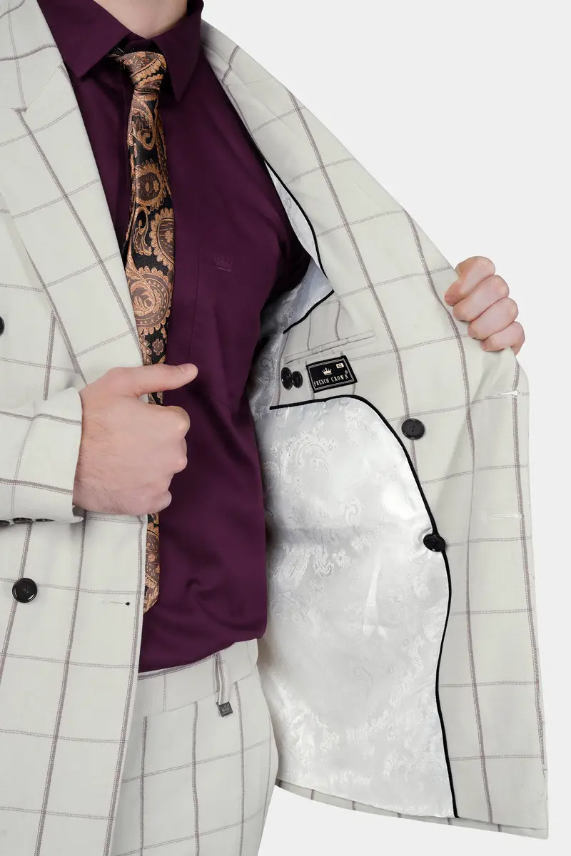 Iron Cream Windowpane Wool Rich Double Breasted Blazer 6