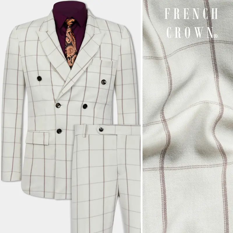 Iron Cream Windowpane Wool Rich Double Breasted Suit 1