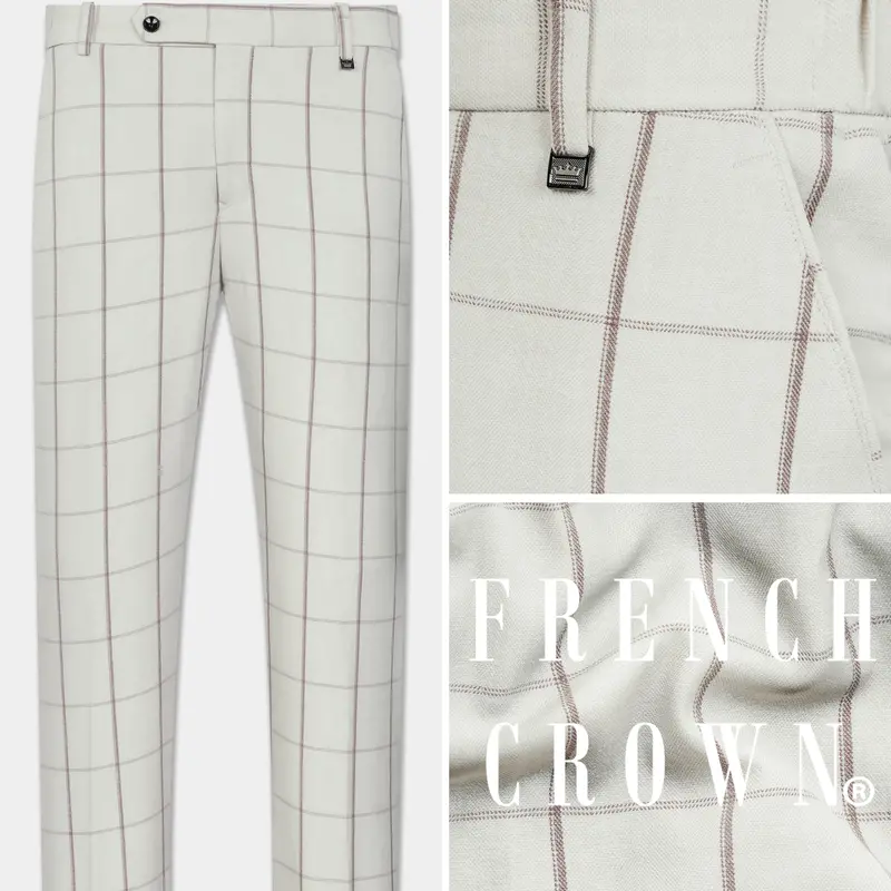 Iron Cream Windowpane Wool Rich Stretchable Waistband  Pant 1