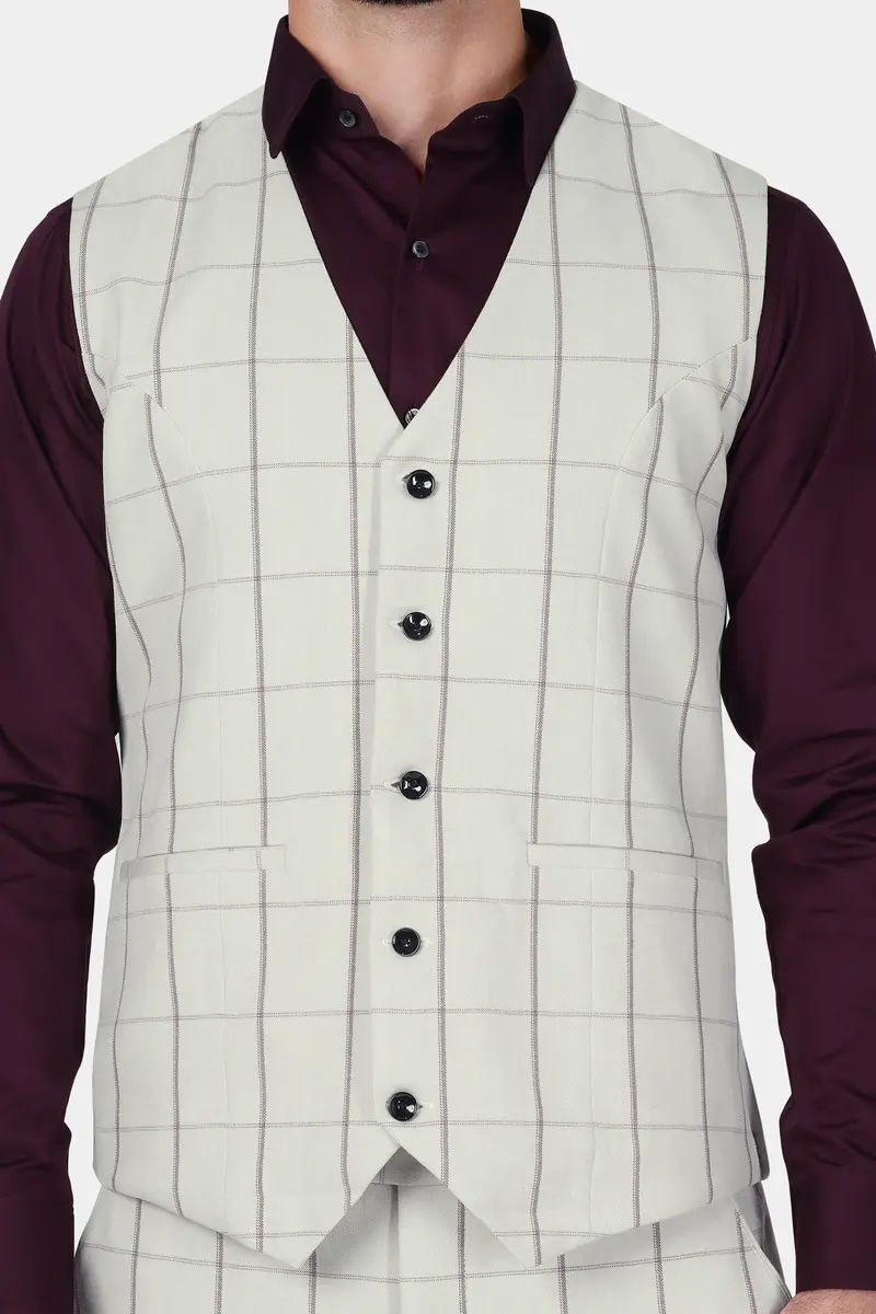 Iron Cream Windowpane Wool Rich Waistcoat 2