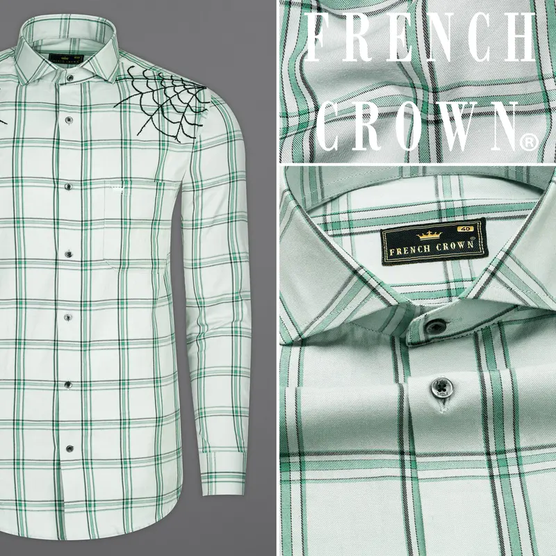 Iron Gray With Green Twill Checkered Premium Cotton Web Hand Embroidered Designer Shirt 1