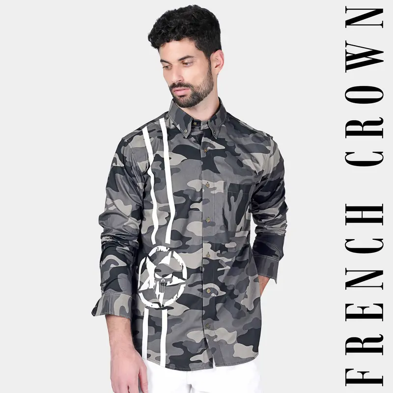 Ironside Gray And Cape Cod Gray Camouflage Printed Royal Oxford Designer Shirt 1