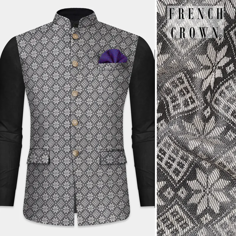 Ironside Gray And Cement Gray Floral Printed Nehru Jacket 1