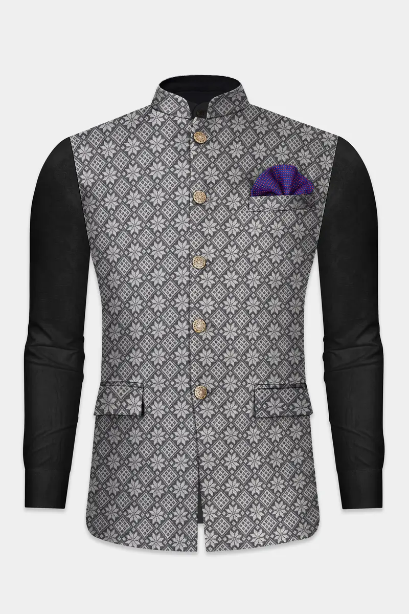 Ironside Gray And Cement Gray Floral Printed Nehru Jacket 2