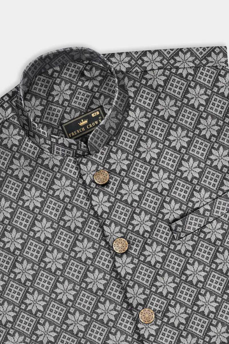 Ironside Gray And Cement Gray Floral Printed Nehru Jacket 4