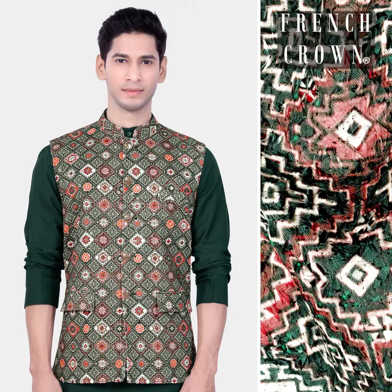 Ironside Green And Rosy Pink Multicolour Thread Embroidered Nehru Jacket 1