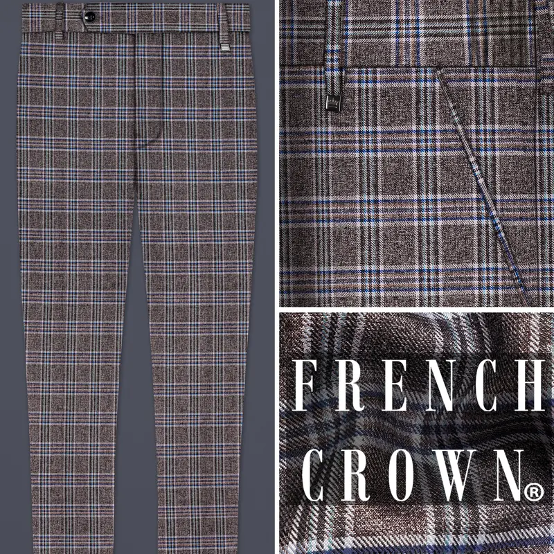 Ironside Grey And Cloud Burst Blue Plaid Wool Rich Stretchable Waistband Pant 1