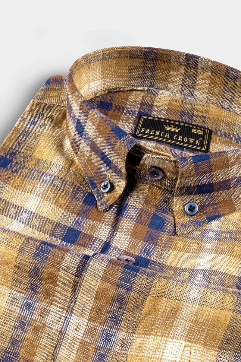 Ironstone Brown And Rhino Blue Plaid Twill Textured Premium Cotton Shirt 1