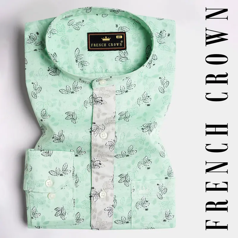Ironstone Green Leaves Printed Luxurious Linen Designer Shirt 1