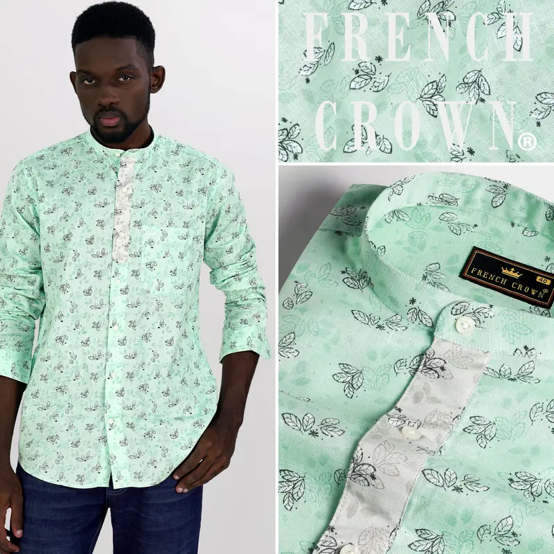 Ironstone Green Leaves Printed Luxurious Linen Designer Shirt 10