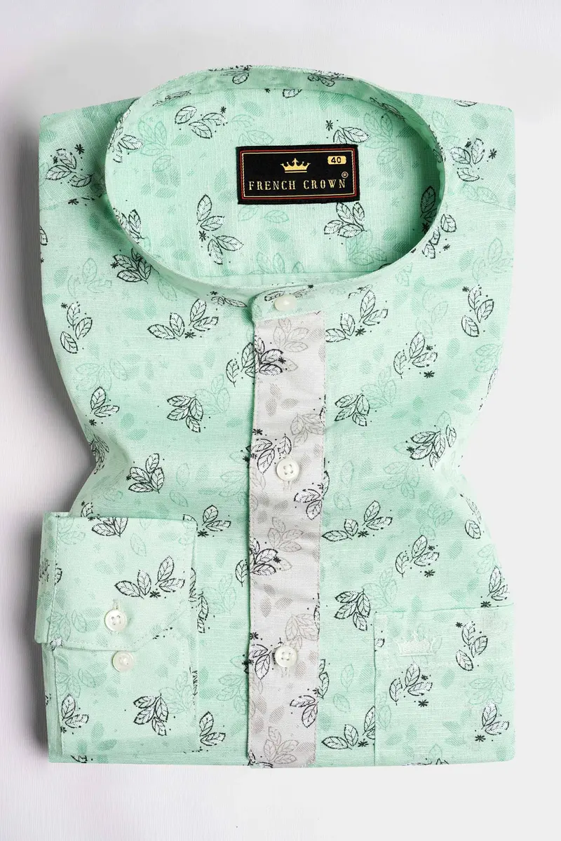 Ironstone Green Leaves Printed Luxurious Linen Designer Shirt 2