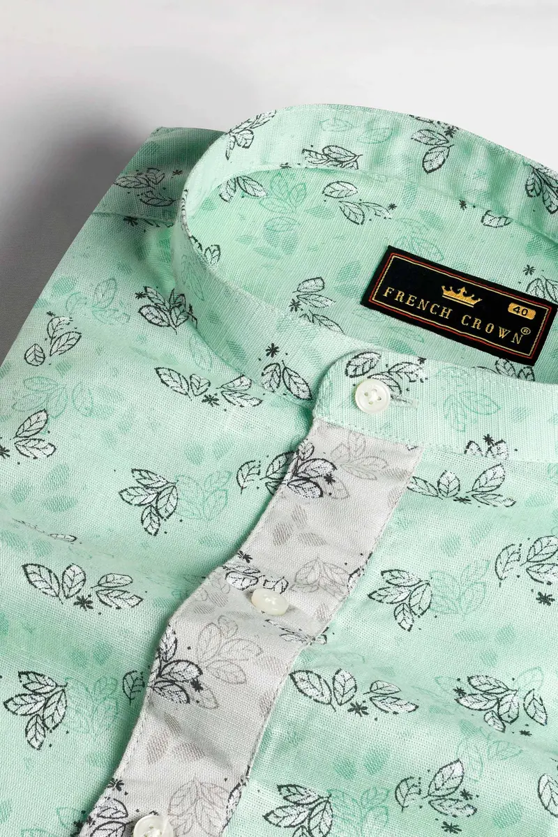 Ironstone Green Leaves Printed Luxurious Linen Designer Shirt 4