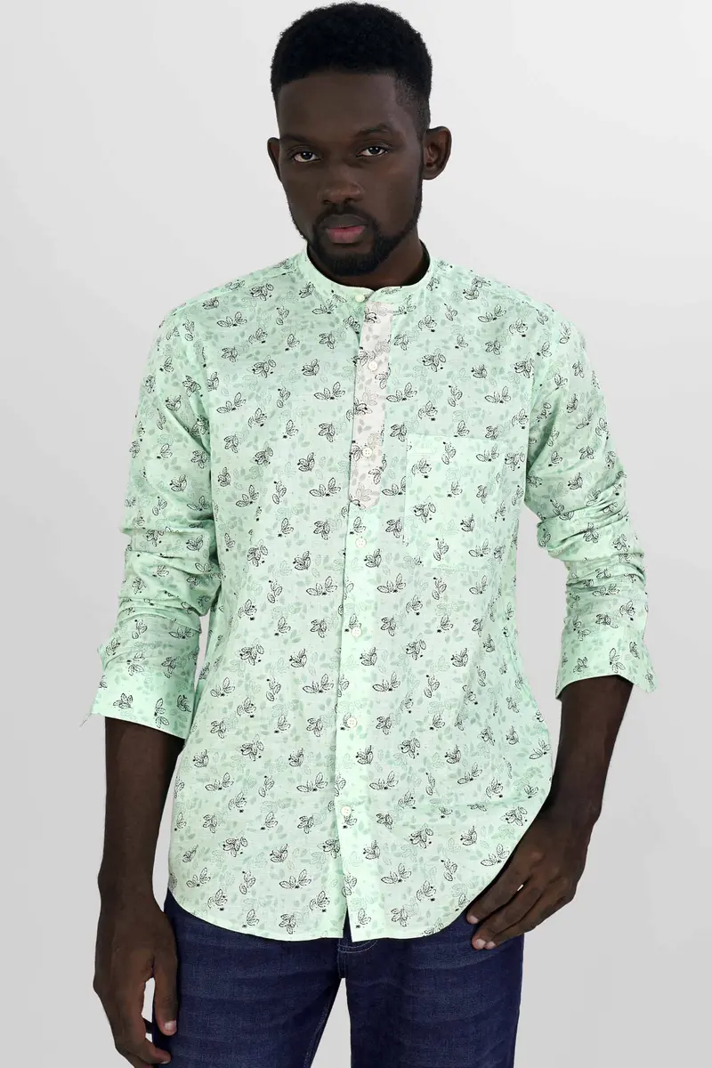 Ironstone Green Leaves Printed Luxurious Linen Designer Shirt 5