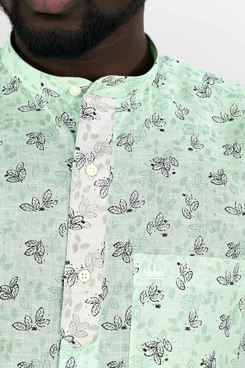 Ironstone Green Leaves Printed Luxurious Linen Designer Shirt 6