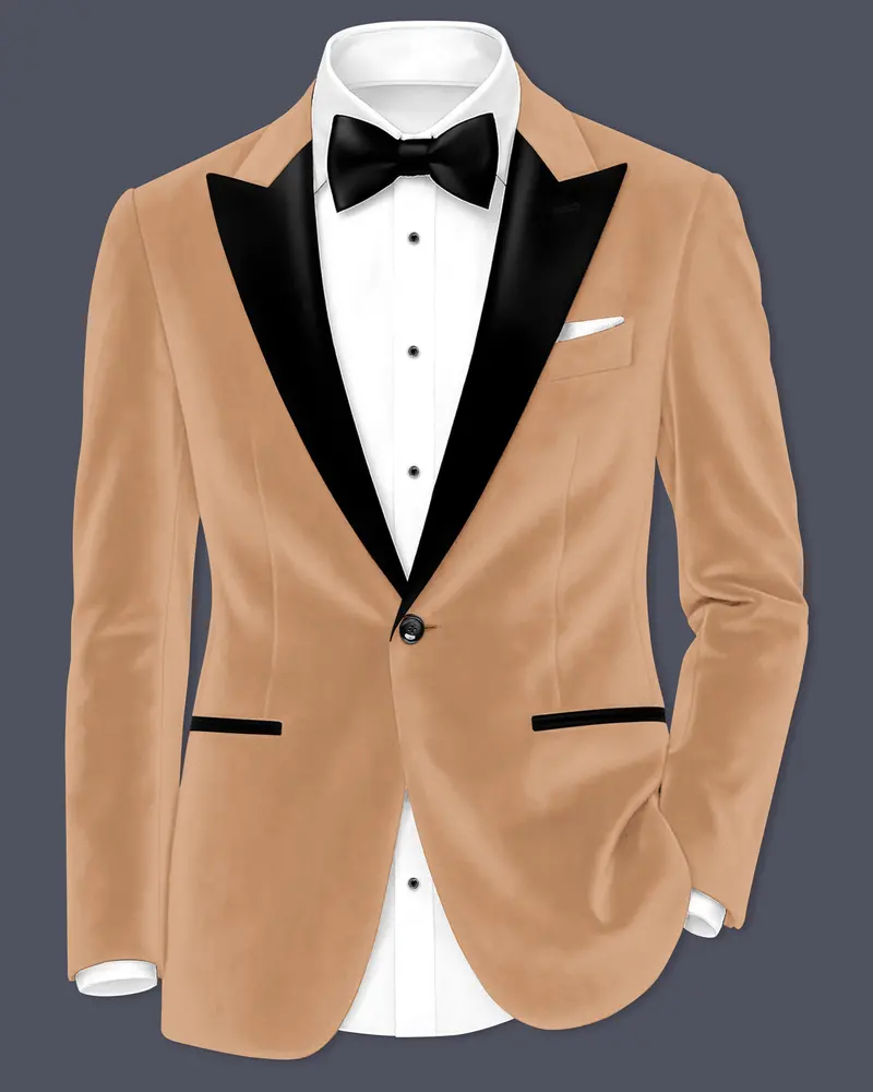 Ivorel-Fawn Cream Velvet Peak Lapel Tuxedo Blazer 1