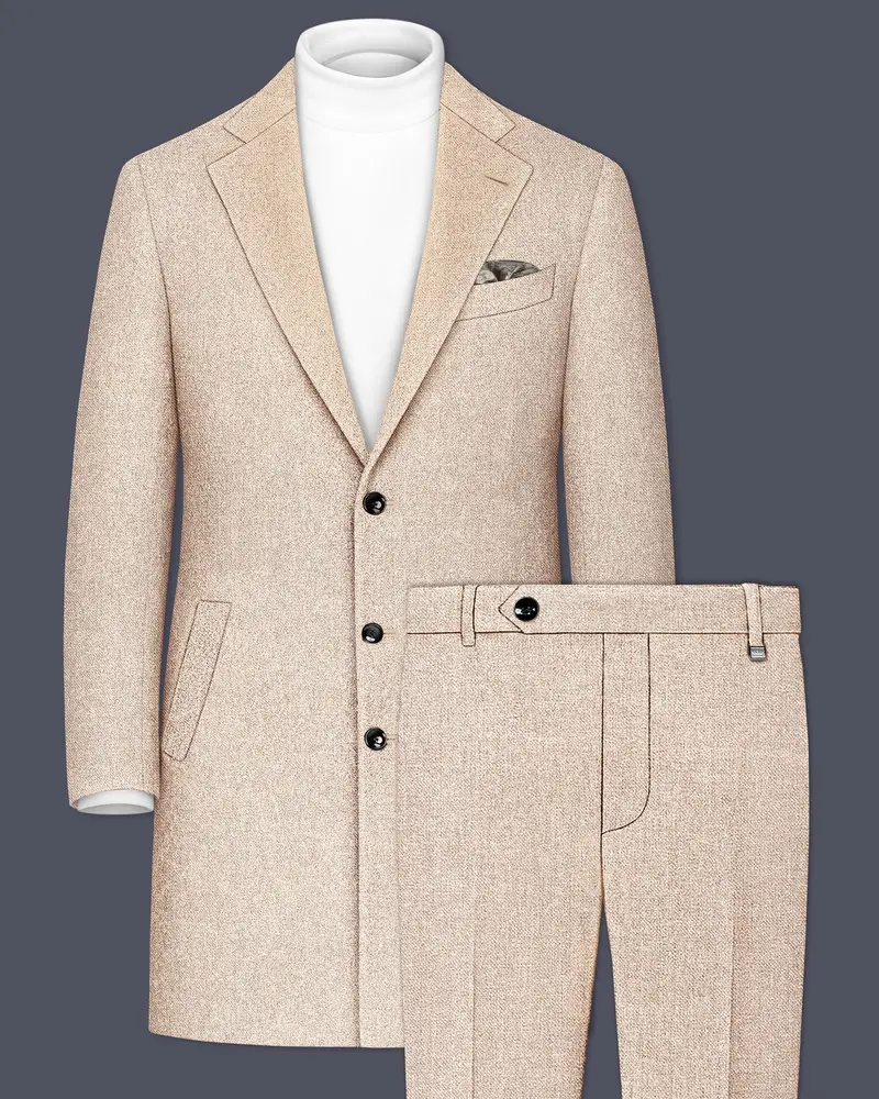 Ivoro-Bizarre Cream Textured Tweed Single Breasted Overcoat With Pant 1