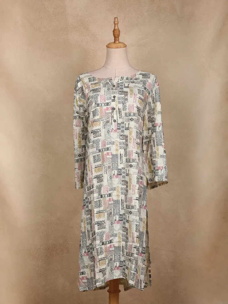 Ivory Abstract Printed Cotton Kurti 1