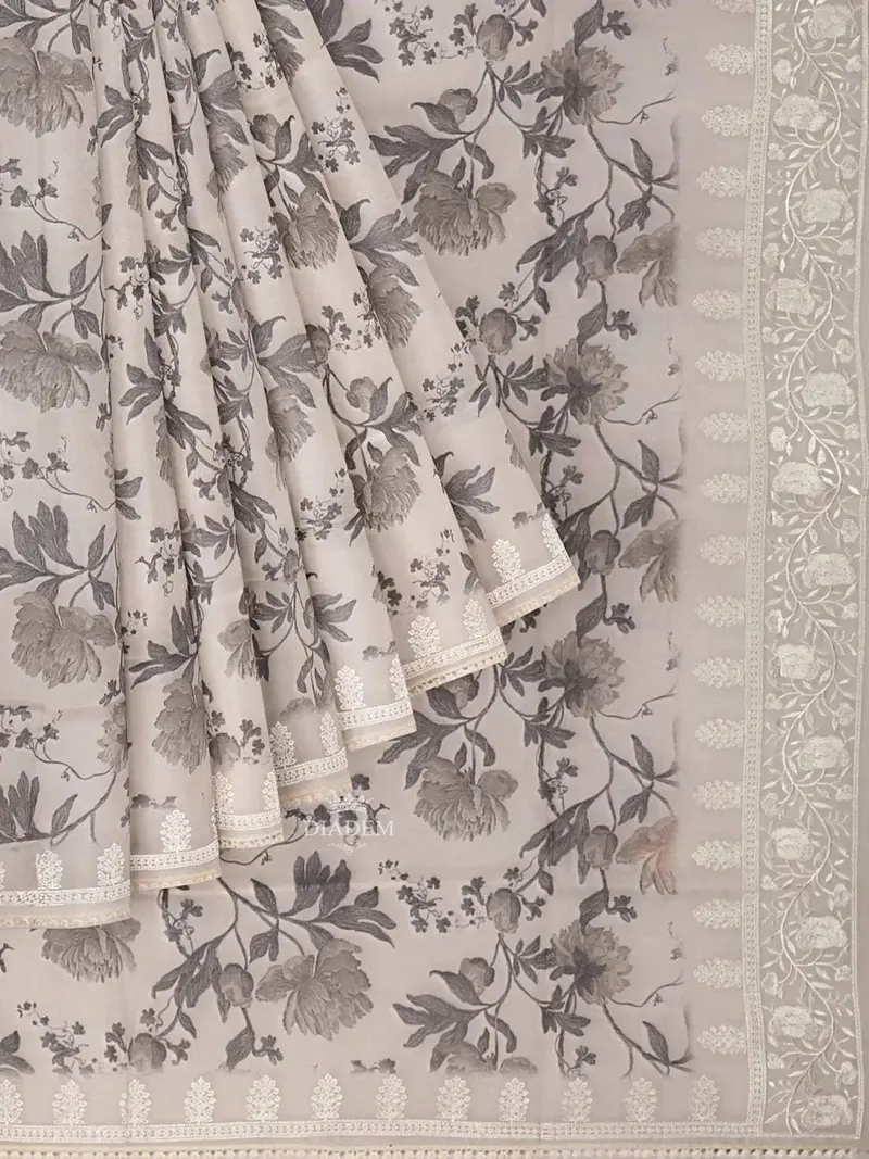 Ivory And Ash Organza Silk Saree With Floral Prints On The Body And Embroidery Border 1
