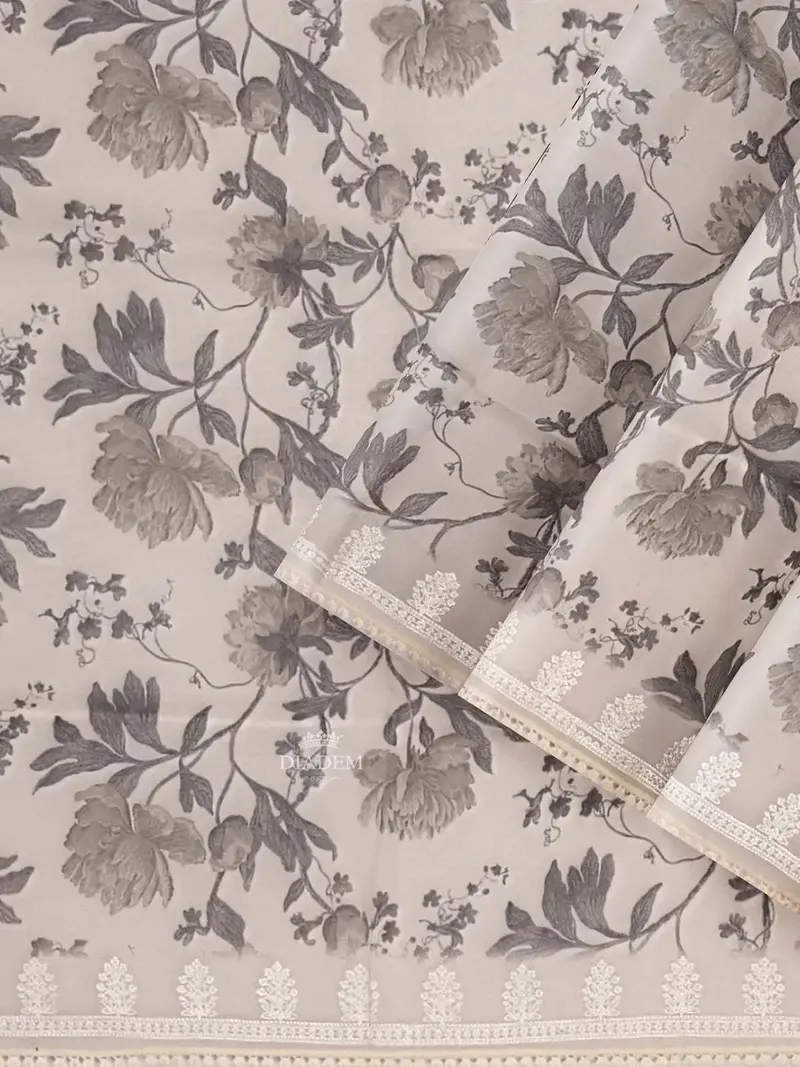 Ivory And Ash Organza Silk Saree With Floral Prints On The Body And Embroidery Border 2