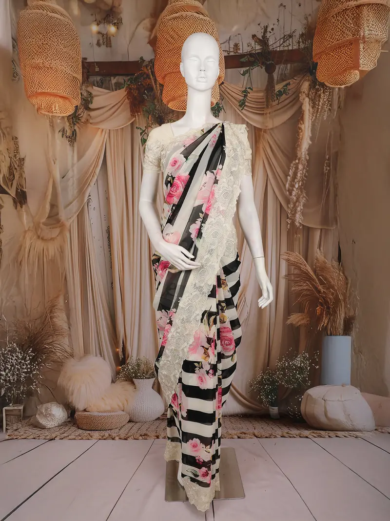 Ivory And Black Striped Floral Printed Chiffon Saree With Scallop Lace Edge Border 1