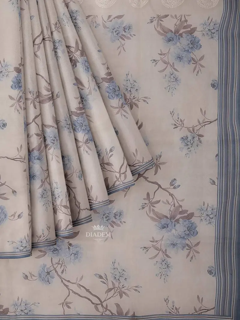 Ivory And Blue Organza Silk Saree With Floral Prints On The Body And Embroidery Border 1